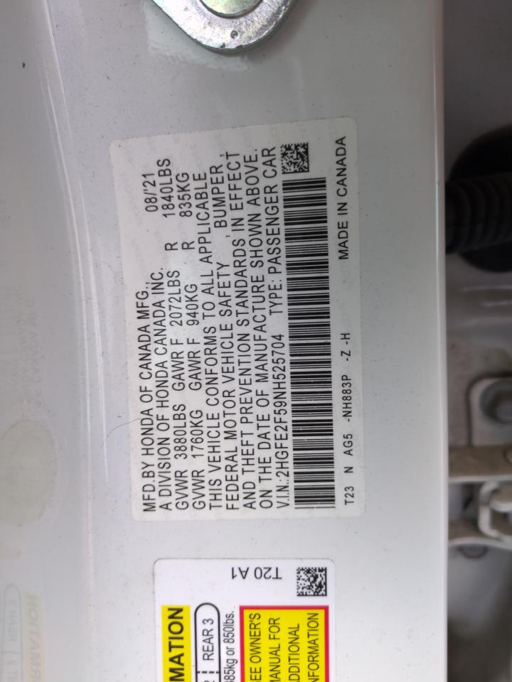 2022 HONDA CIVIC SPORT VIN:2HGFE2F59NH525704