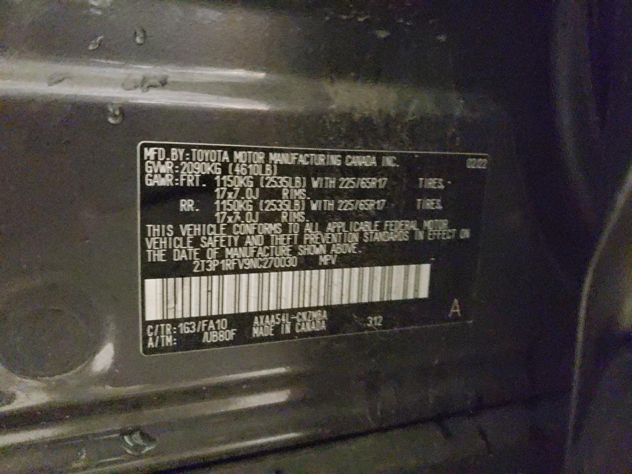 2022 TOYOTA RAV4 XLE VIN:2T3P1RFV9NC270030