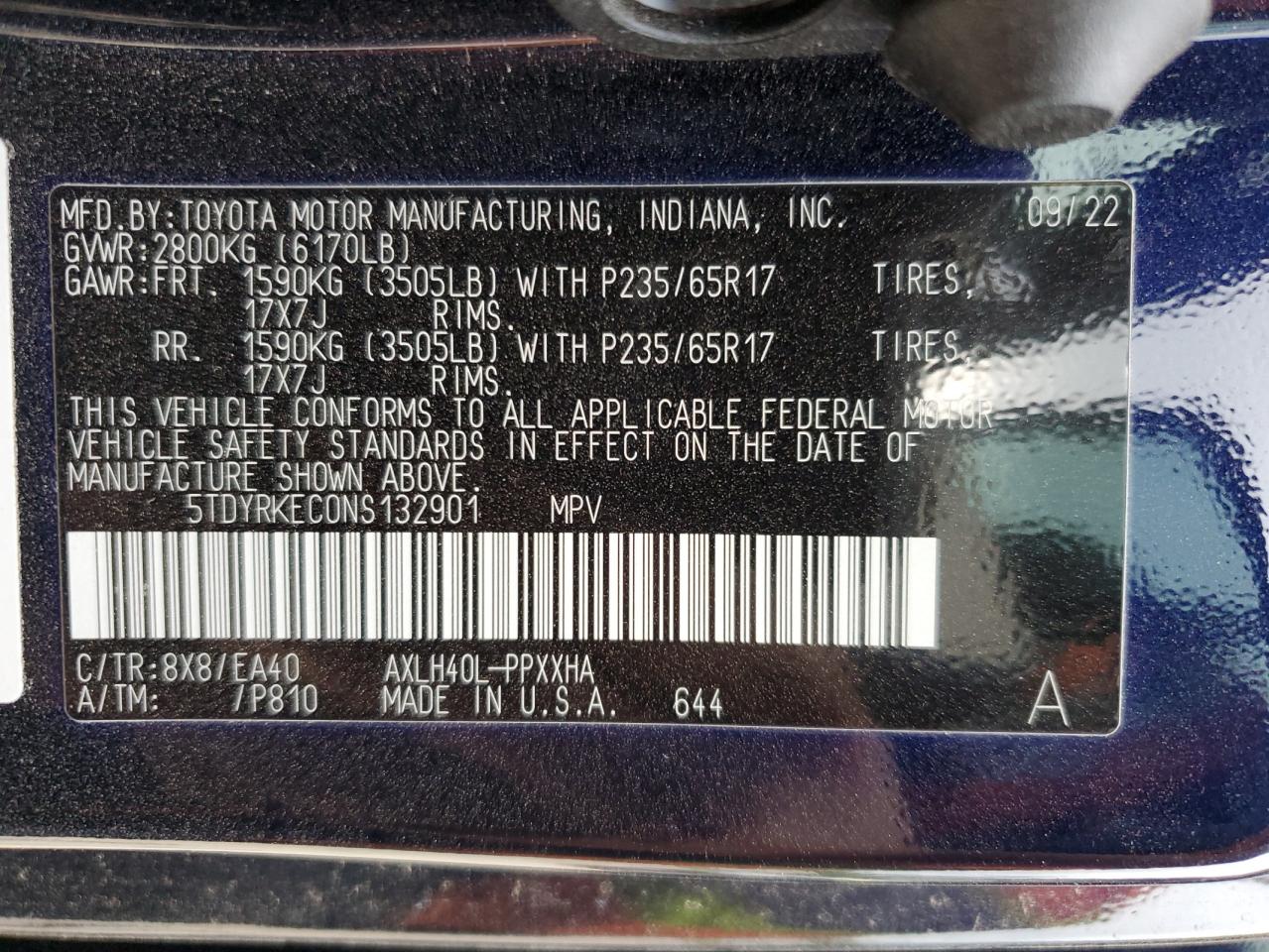 2022 TOYOTA SIENNA XLE VIN:5TDYRKEC0NS132901