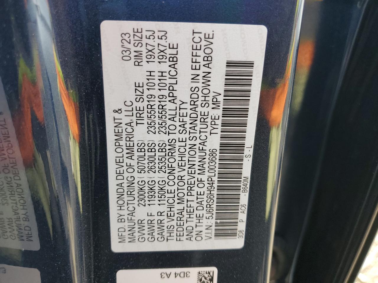 2023 HONDA CR-V SPORT TOURING VIN:5J6RS6H94PL003686