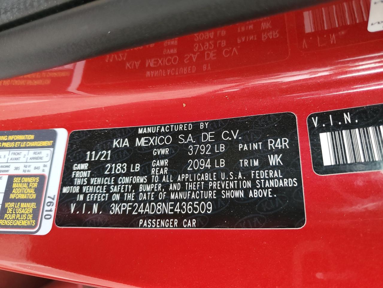 2022 KIA FORTE FE VIN:3KPF24AD8NE436509