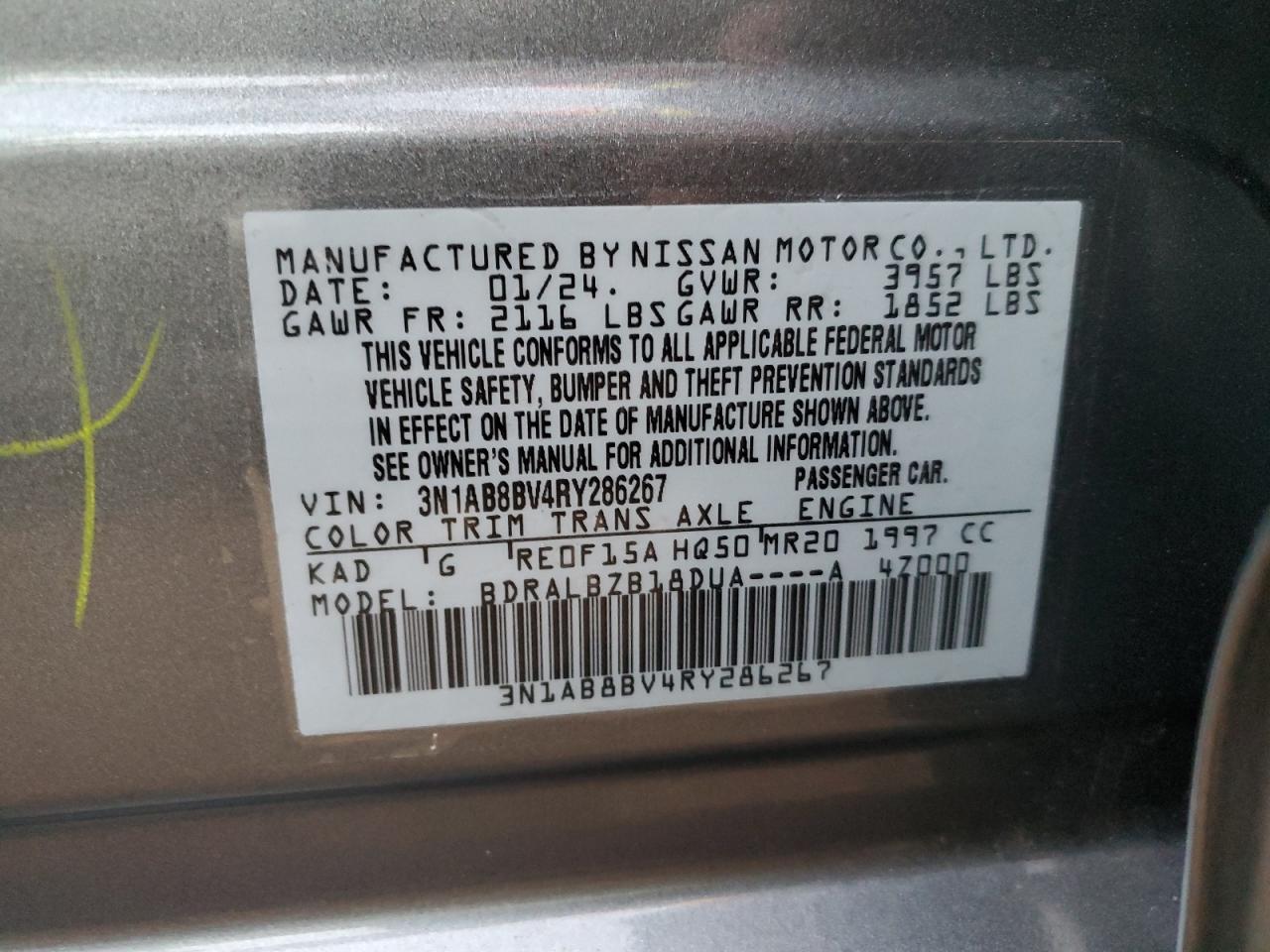 2024 NISSAN SENTRA S VIN:3N1AB8BV4RY286267