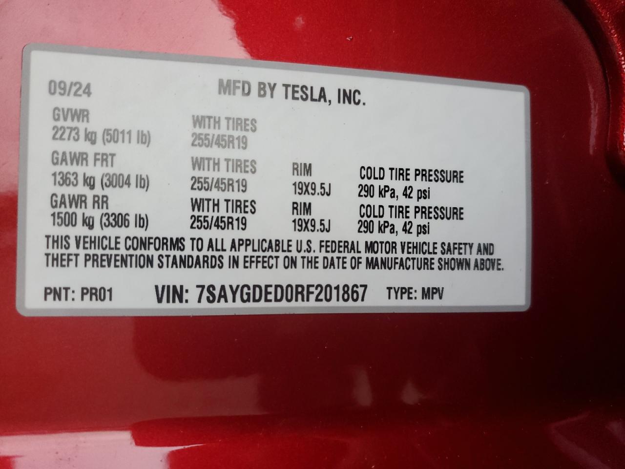 2024 TESLA MODEL Y  VIN:7SAYGDED0RF201867