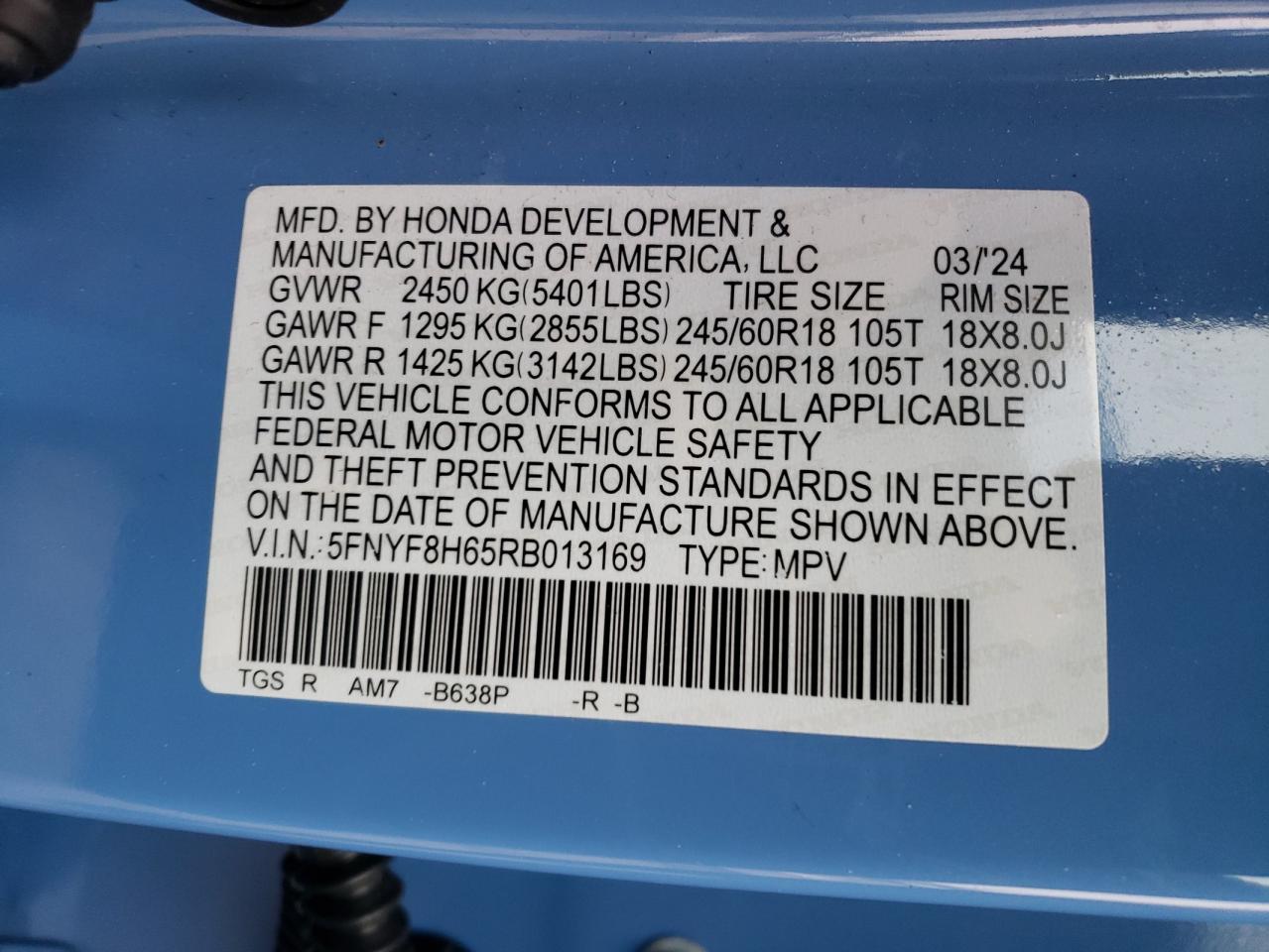 2024 HONDA PASSPORT TRAIL SPORT VIN:5FNYF8H65RB013169