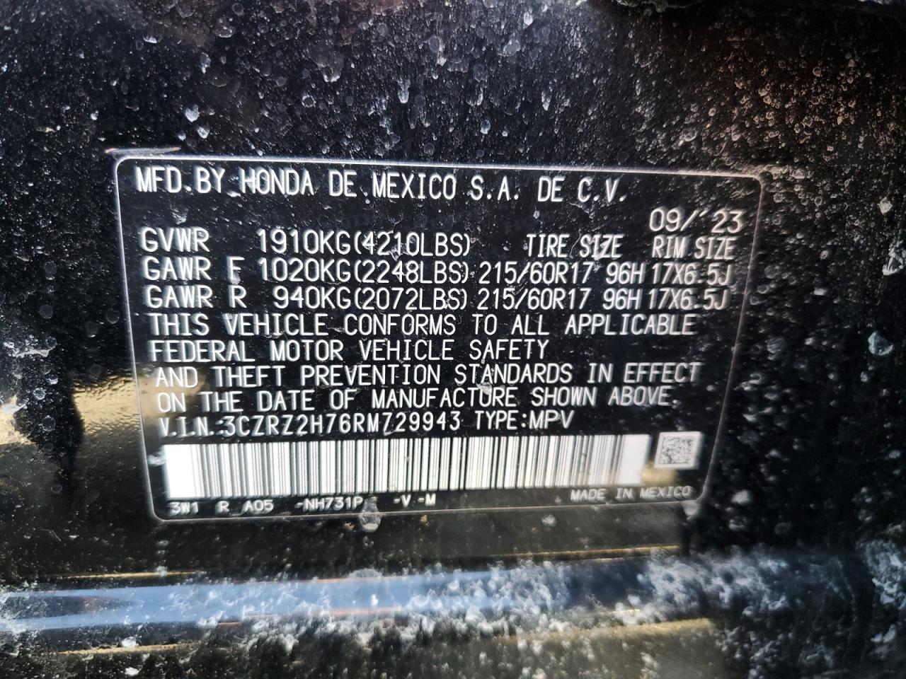 2024 HONDA HR-V EXL VIN:3CZRZ2H76RM729943