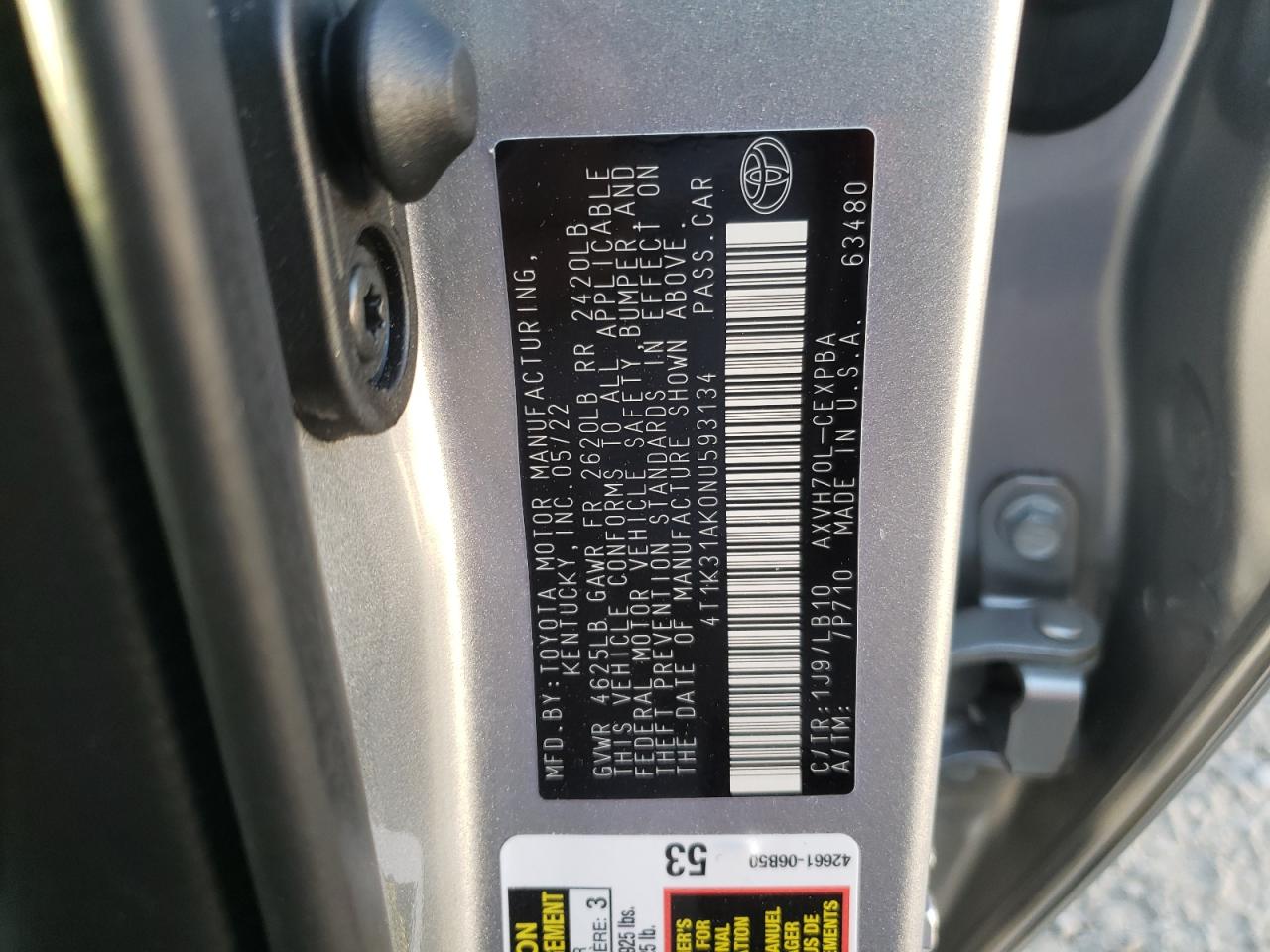 2022 TOYOTA CAMRY XSE VIN:4T1K31AK0NU593134