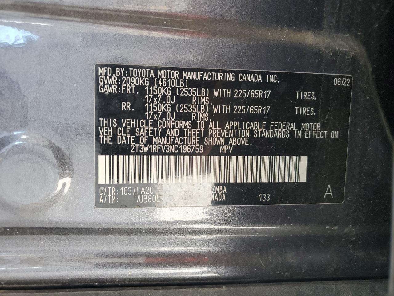 2022 TOYOTA RAV4 XLE VIN:2T3W1RFV3NC196759