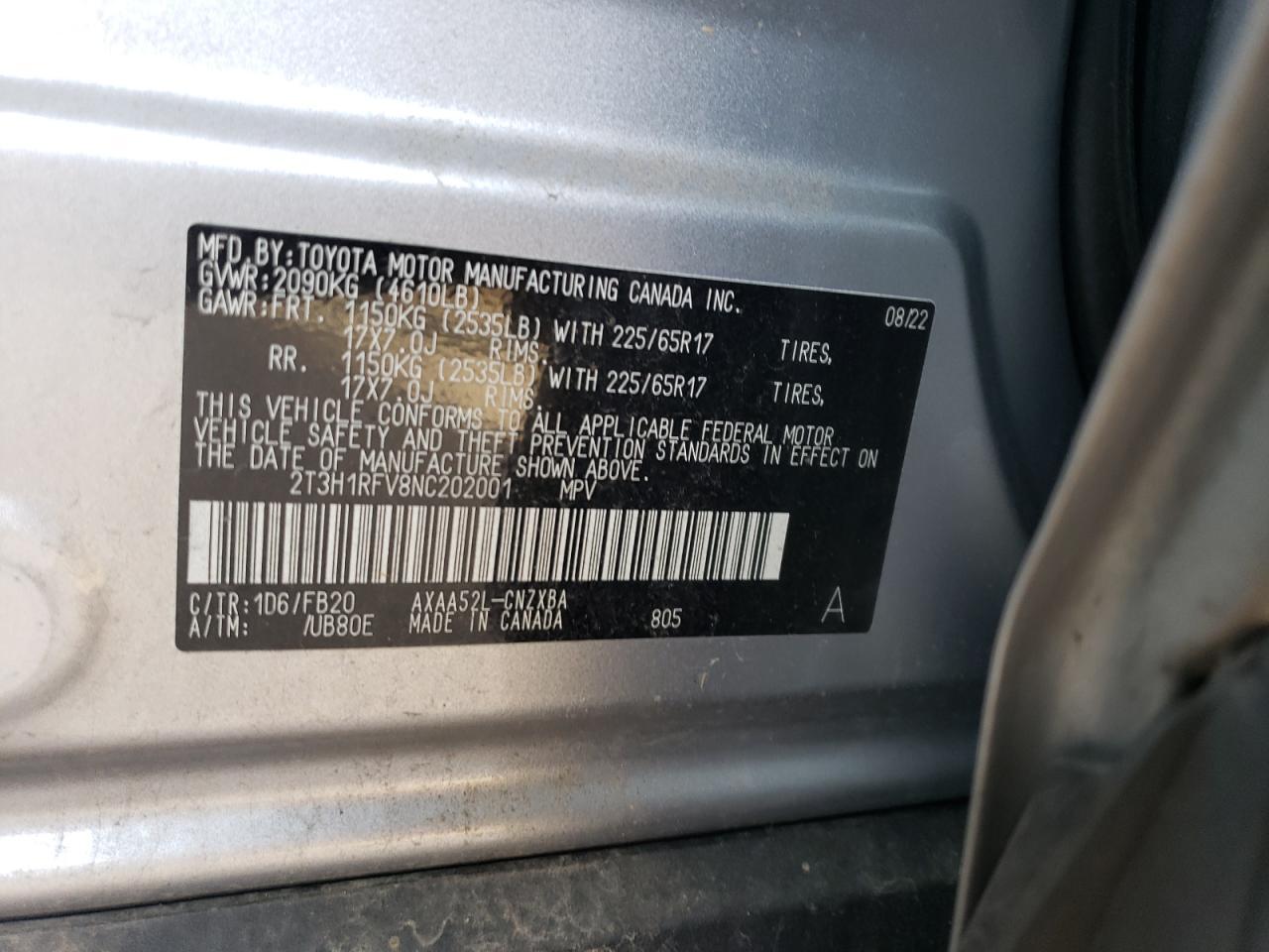 2022 TOYOTA RAV4 LE VIN:2T3H1RFV8NC202001