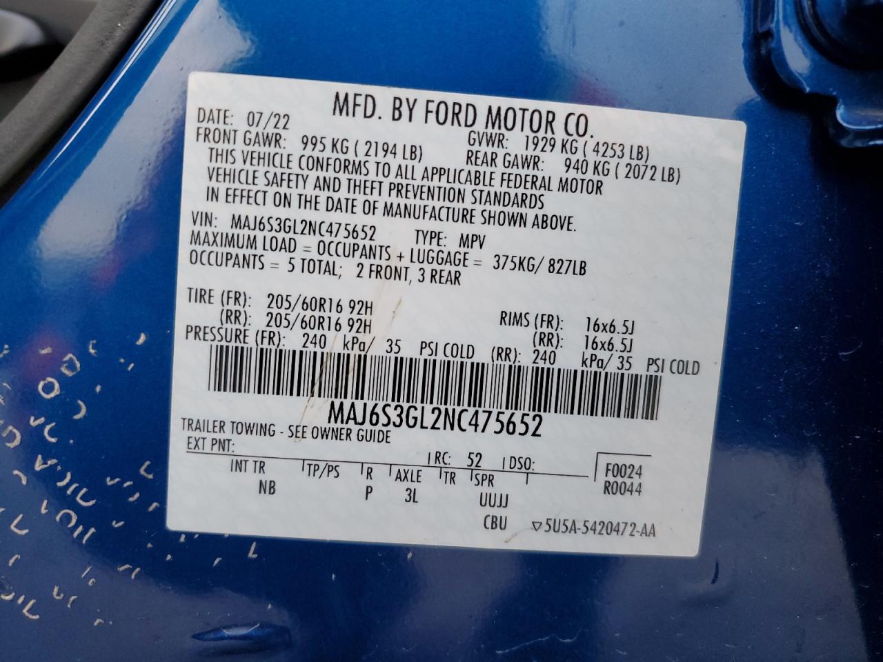 2022 FORD ECOSPORT SE VIN:MAJ6S3GL2NC475652