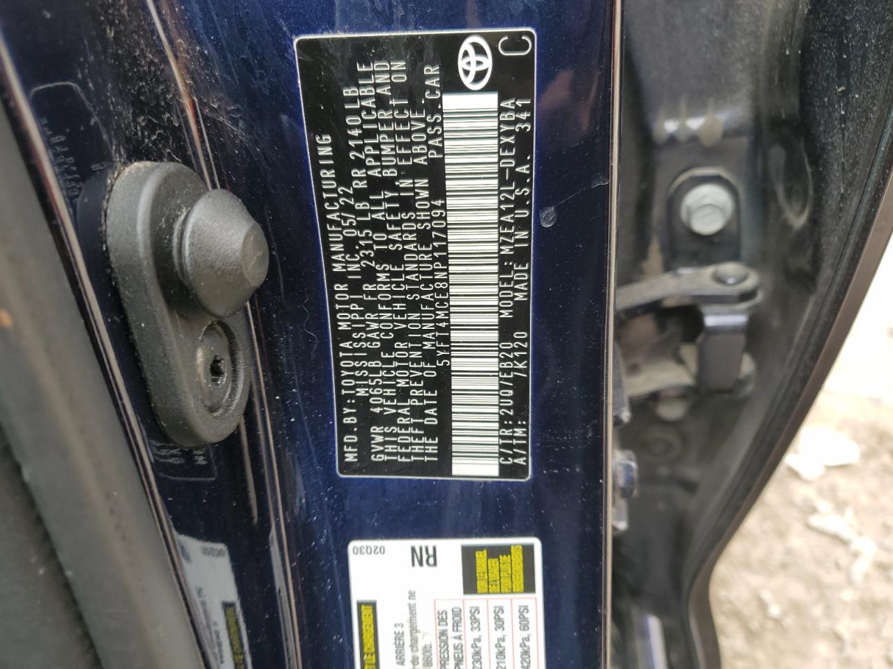 2022 TOYOTA COROLLA XSE VIN:5YFT4MCE8NP117094