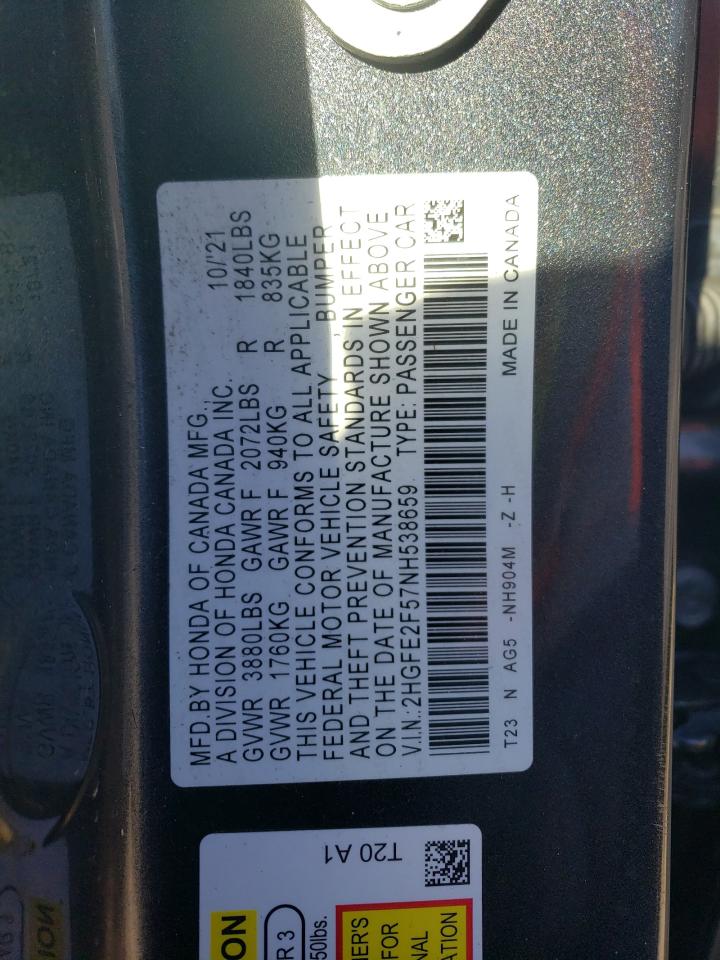 2022 HONDA CIVIC SPORT VIN:2HGFE2F57NH538659