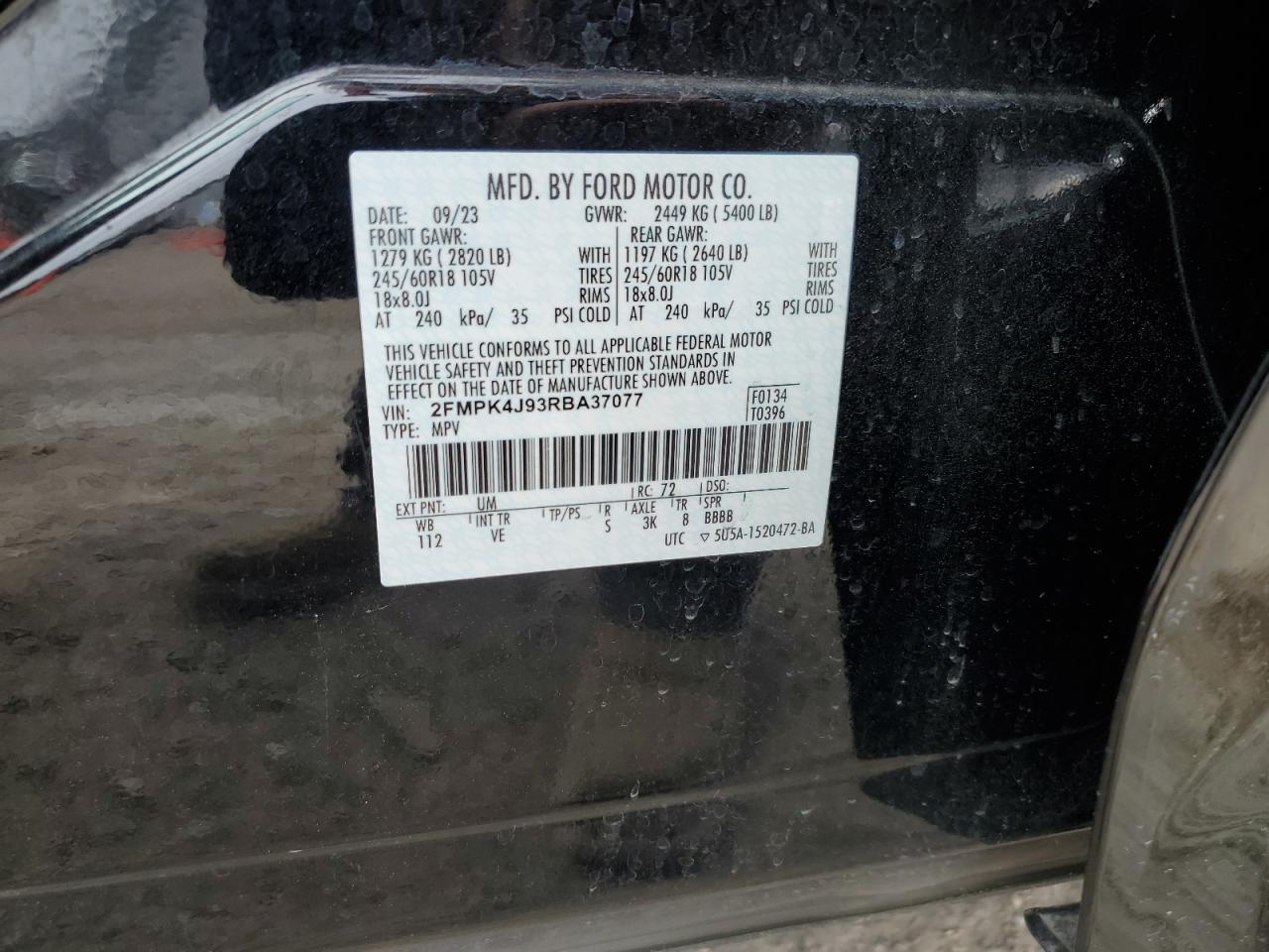 2024 FORD EDGE SEL VIN:2FMPK4J93RBA37077