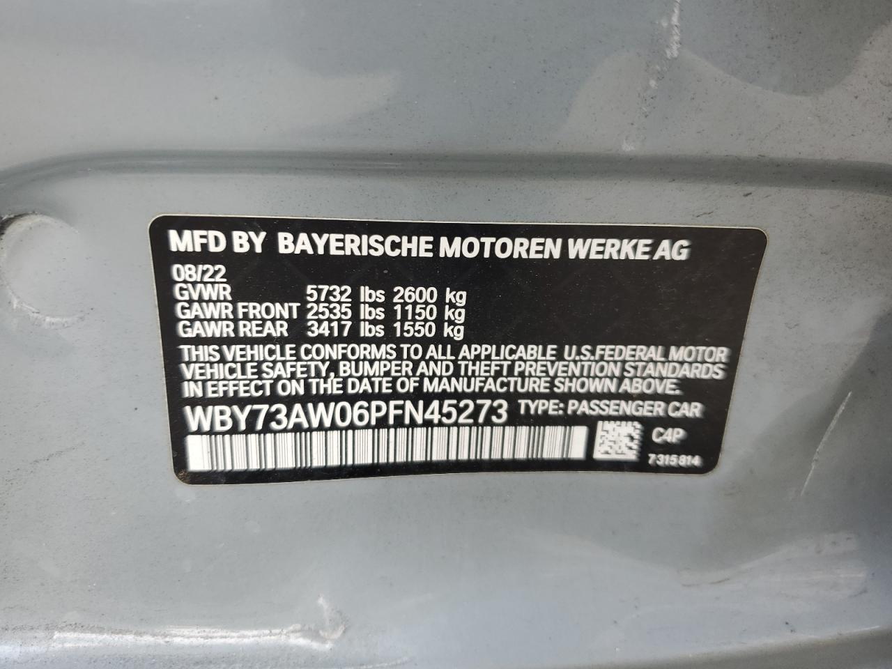 2023 BMW I4 EDRIVE 40 VIN:WBY73AW06PFN45273