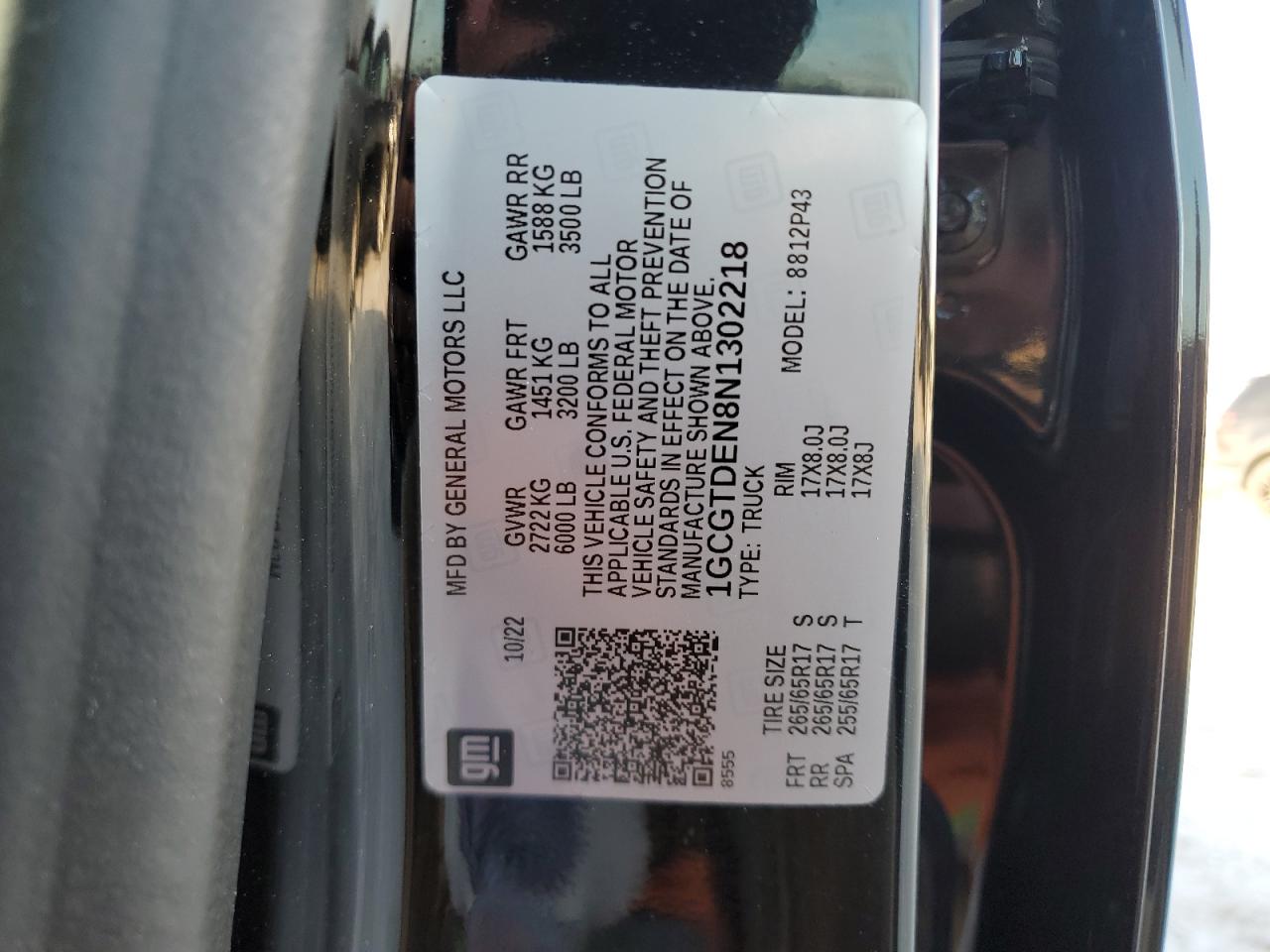 2022 CHEVROLET COLORADO Z71 VIN:1GCGTDEN8N1302218