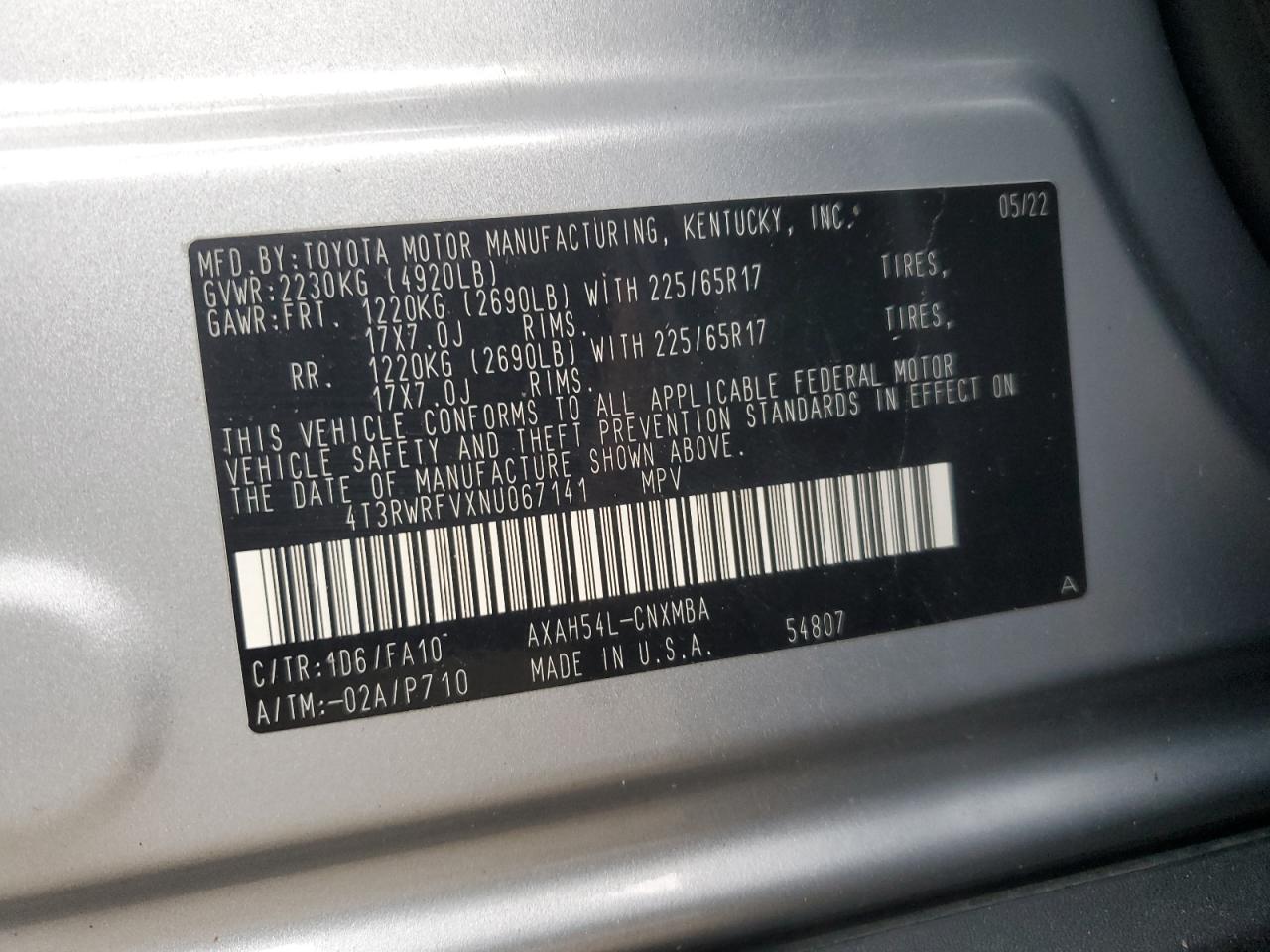 2022 TOYOTA RAV4 XLE VIN:4T3RWRFVXNU067141