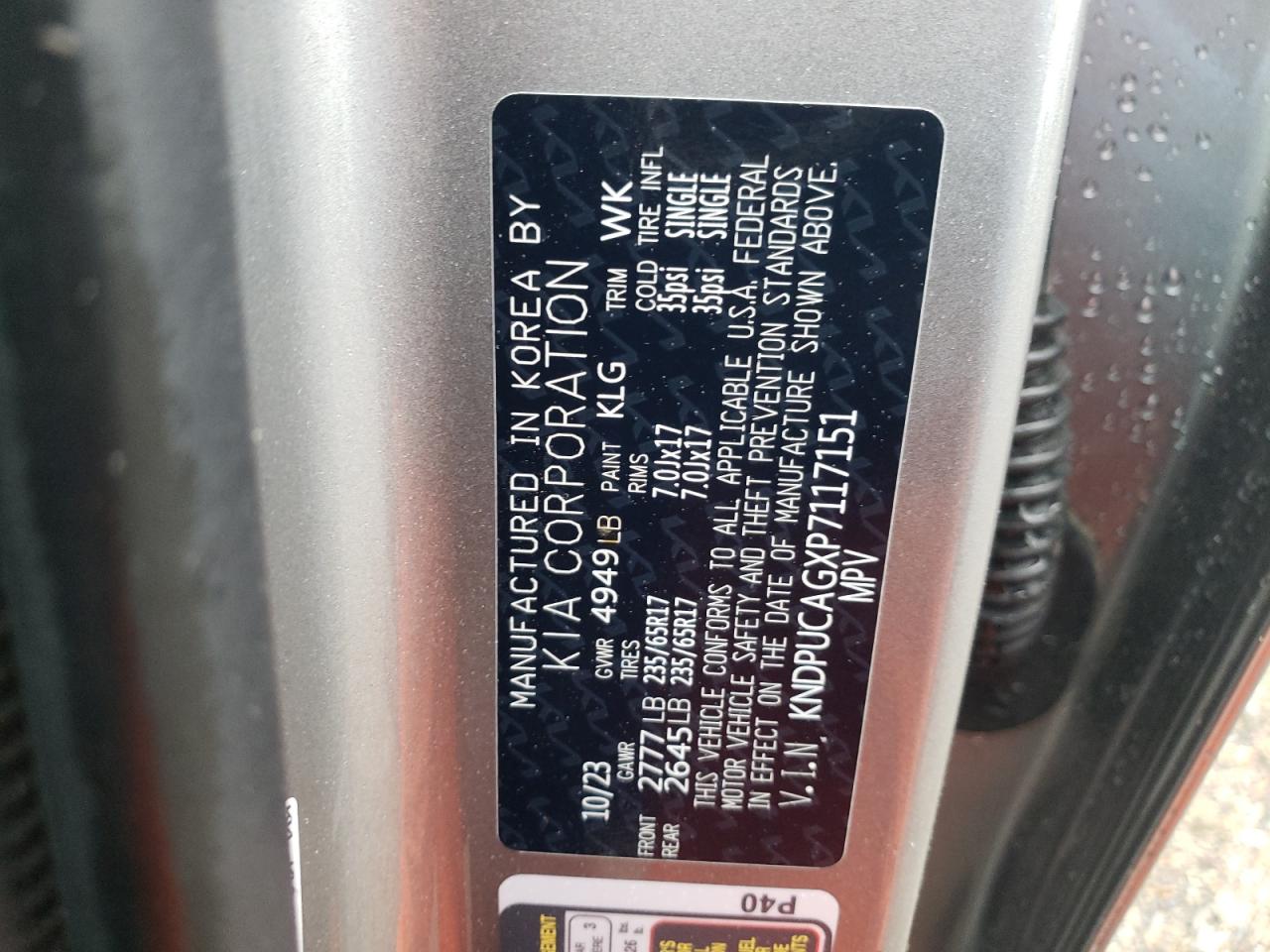 2023 KIA SPORTAGE LX VIN:KNDPUCAGXP7117151