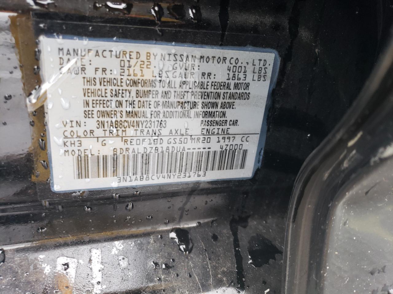 2022 NISSAN SENTRA SV VIN:3N1AB8CV4NY231763