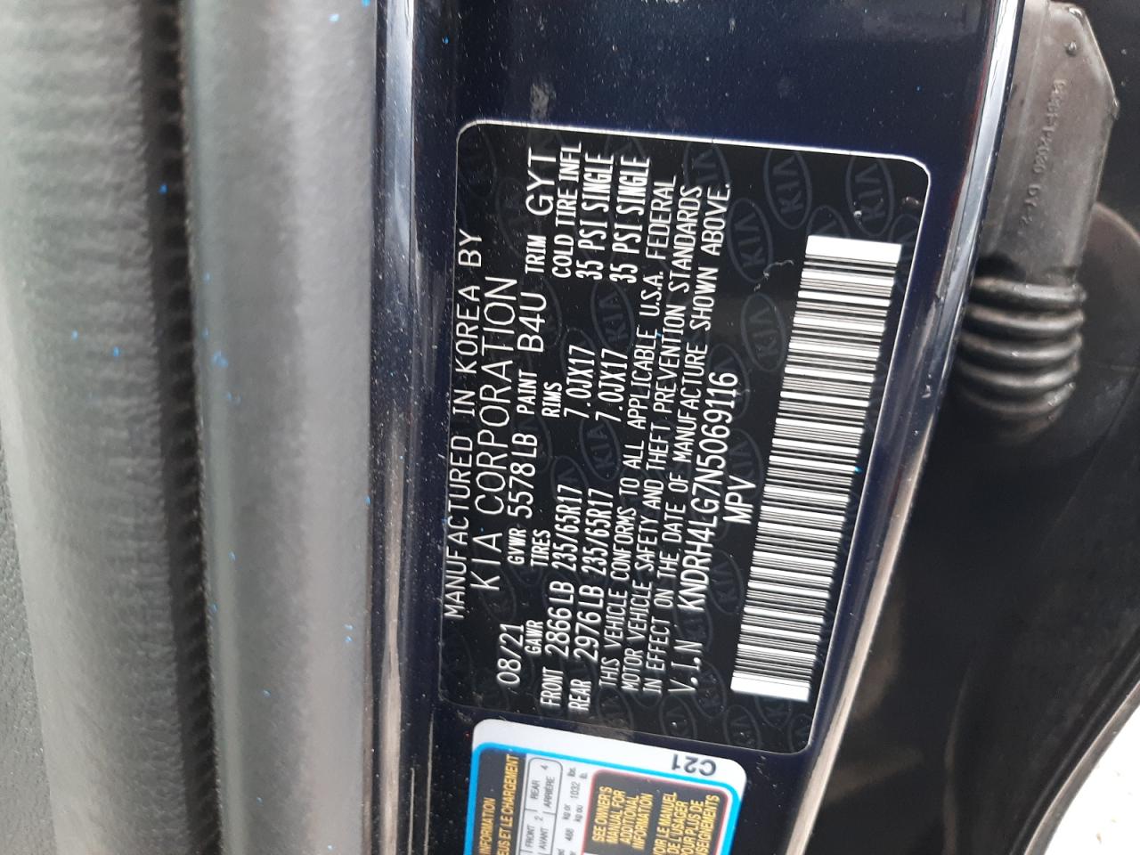 2022 KIA SORENTO EX VIN:KNDRH4LG7N5069116
