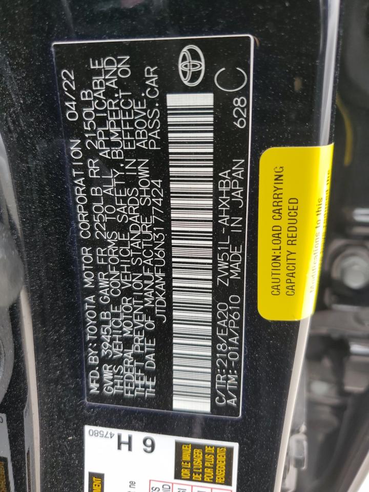 2022 TOYOTA PRIUS NIGHT SHADE VIN:JTDKAMFU6N3177424