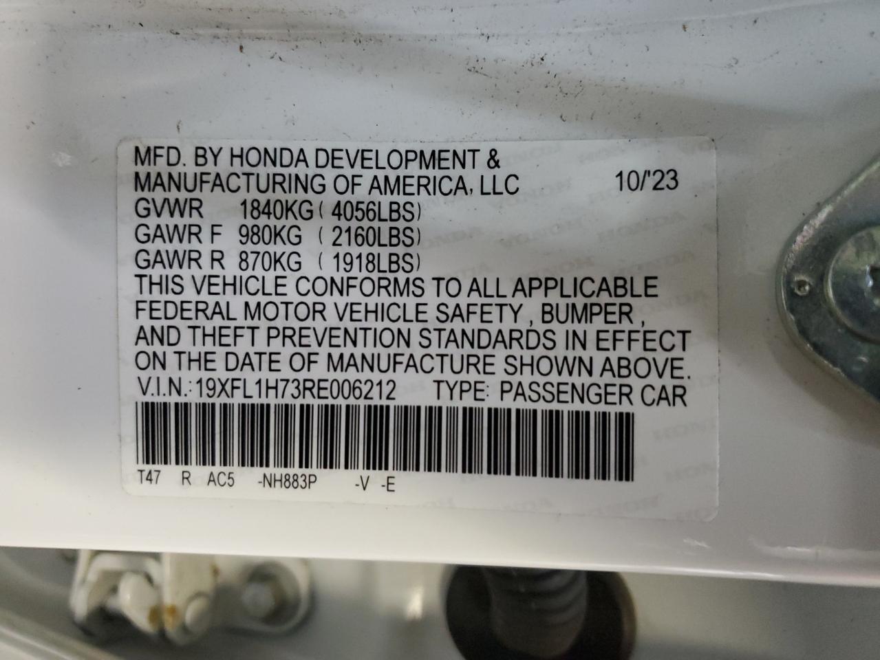 2024 HONDA CIVIC EXL VIN:19XFL1H73RE006212