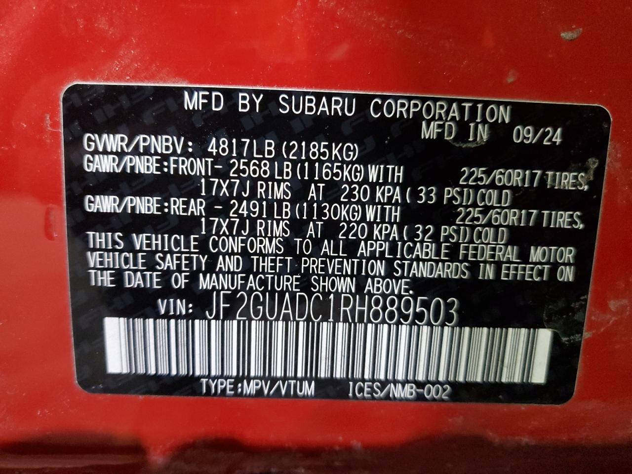 2024 SUBARU CROSSTREK PREMIUM VIN:JF2GUADC1RH889503