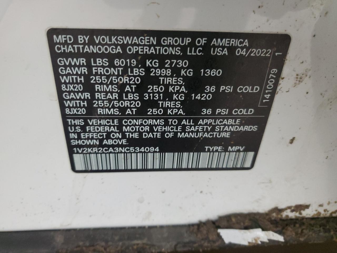 2022 VOLKSWAGEN ATLAS SE VIN:1V2KR2CA3NC534094