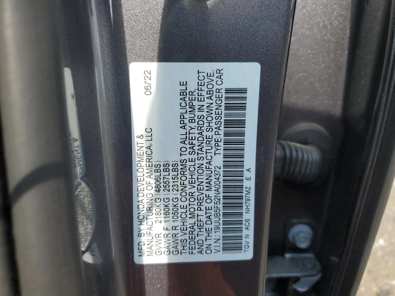 2022 ACURA TLX TECH A VIN:19UUB5F52NA004372