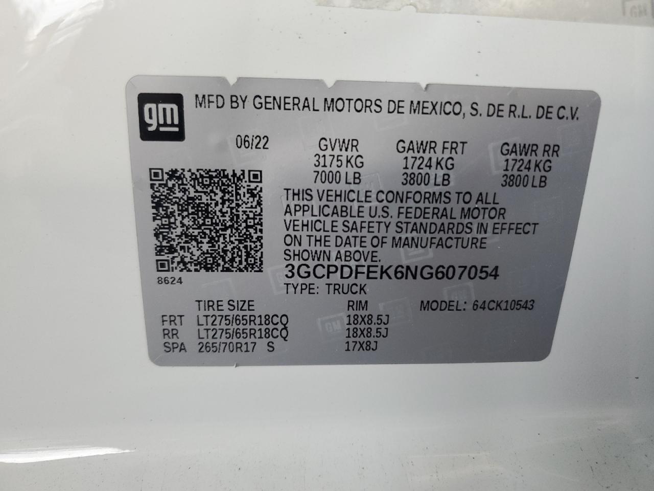 2022 CHEVROLET SILVERADO K1500 LT TRAIL BOSS VIN:3GCPDFEK6NG607054