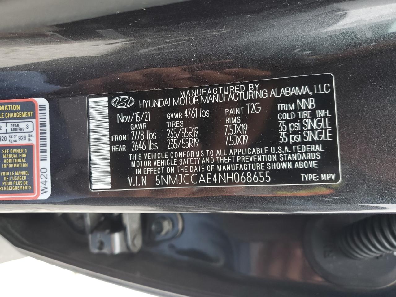 2022 HYUNDAI TUCSON SEL VIN:5NMJCCAE4NH068655