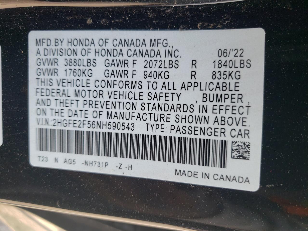 2022 HONDA CIVIC SPORT VIN:2HGFE2F56NH590543