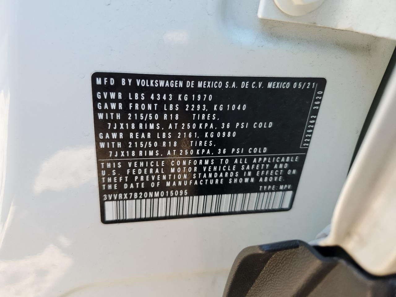 2022 VOLKSWAGEN TAOS SE VIN:3VVRX7B20NM015095