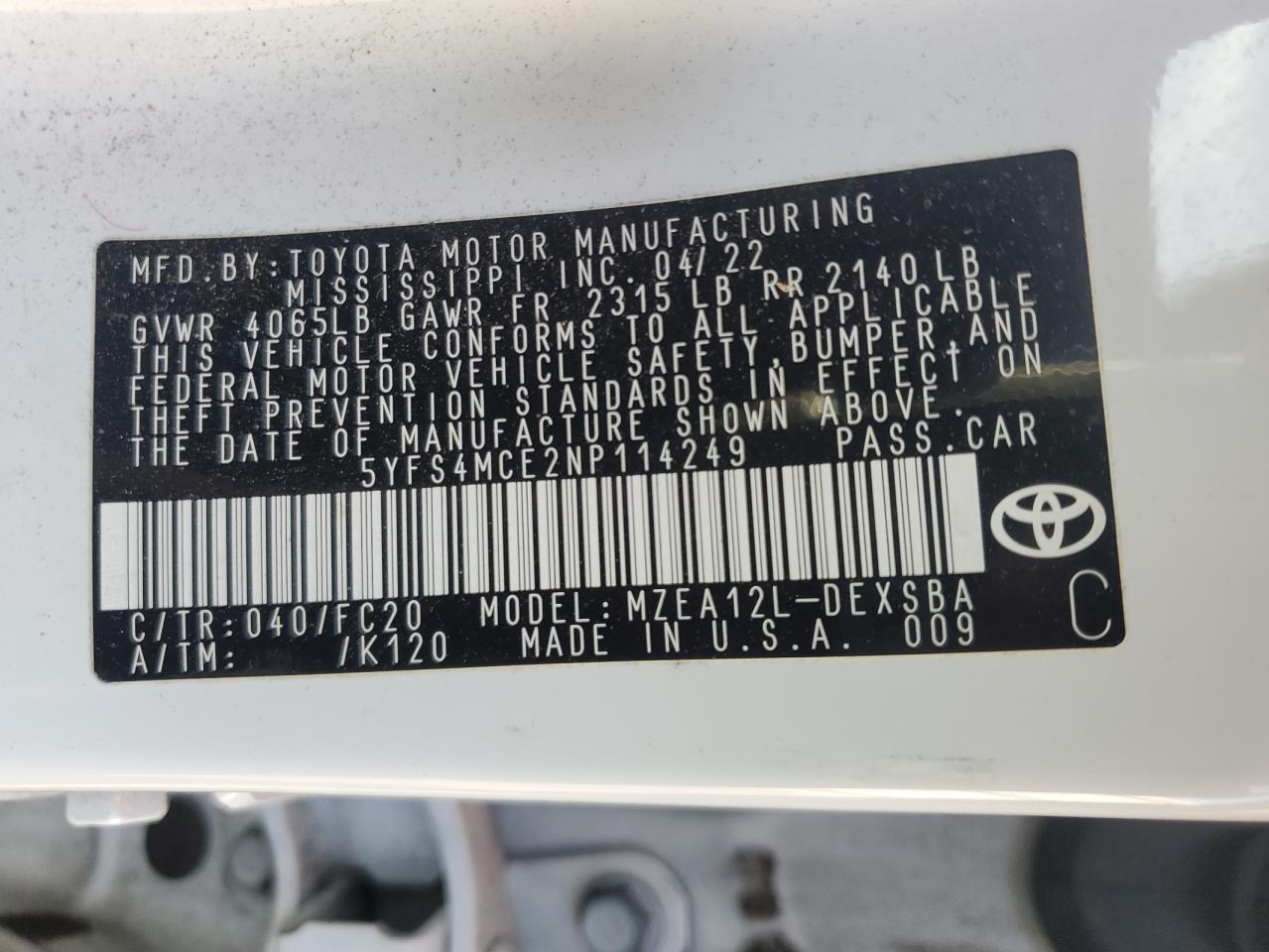 2022 TOYOTA COROLLA SE VIN:5YFS4MCE2NP114249