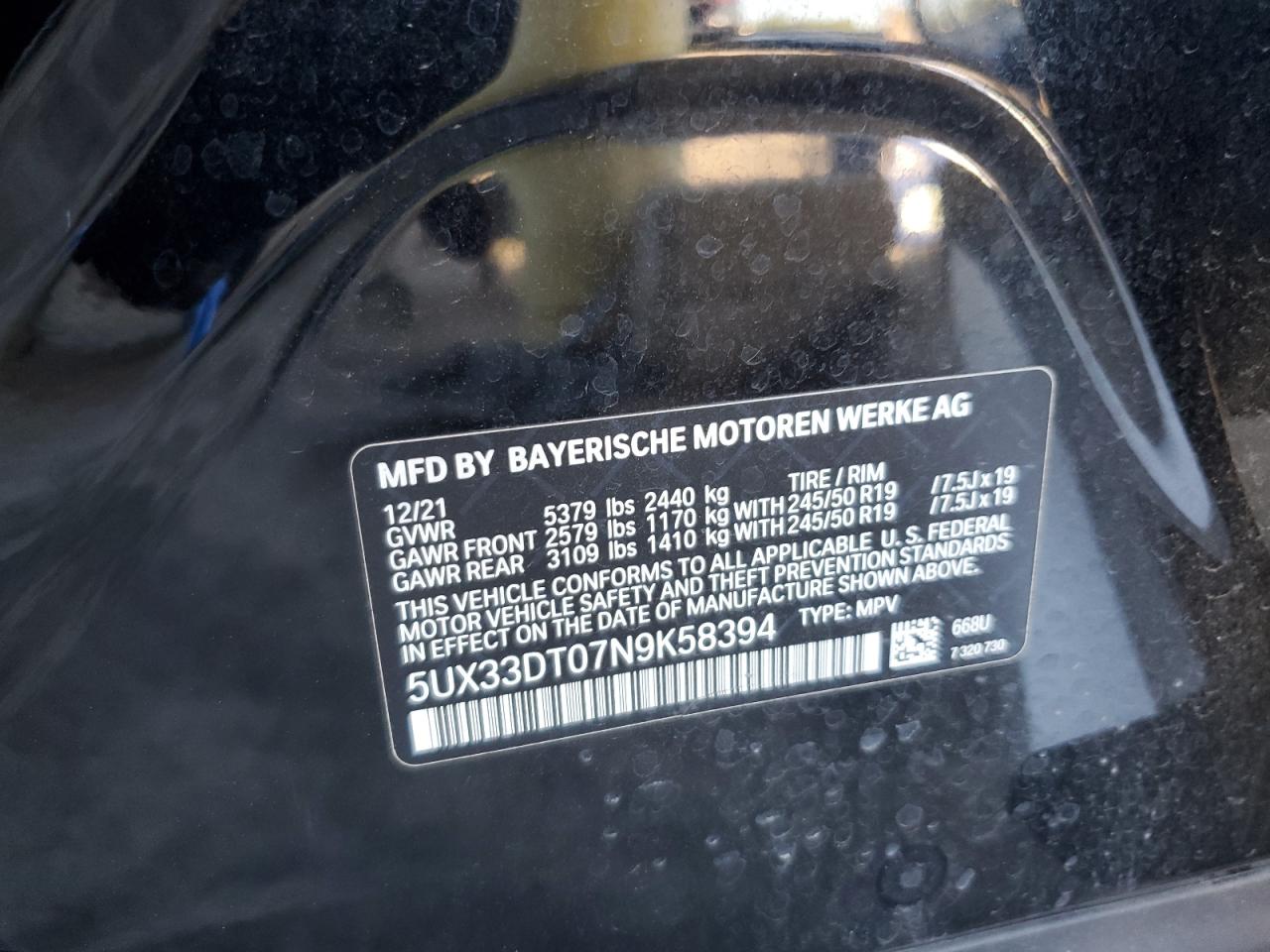 2022 BMW X4 XDRIVE30I VIN:5UX33DT07N9K58394