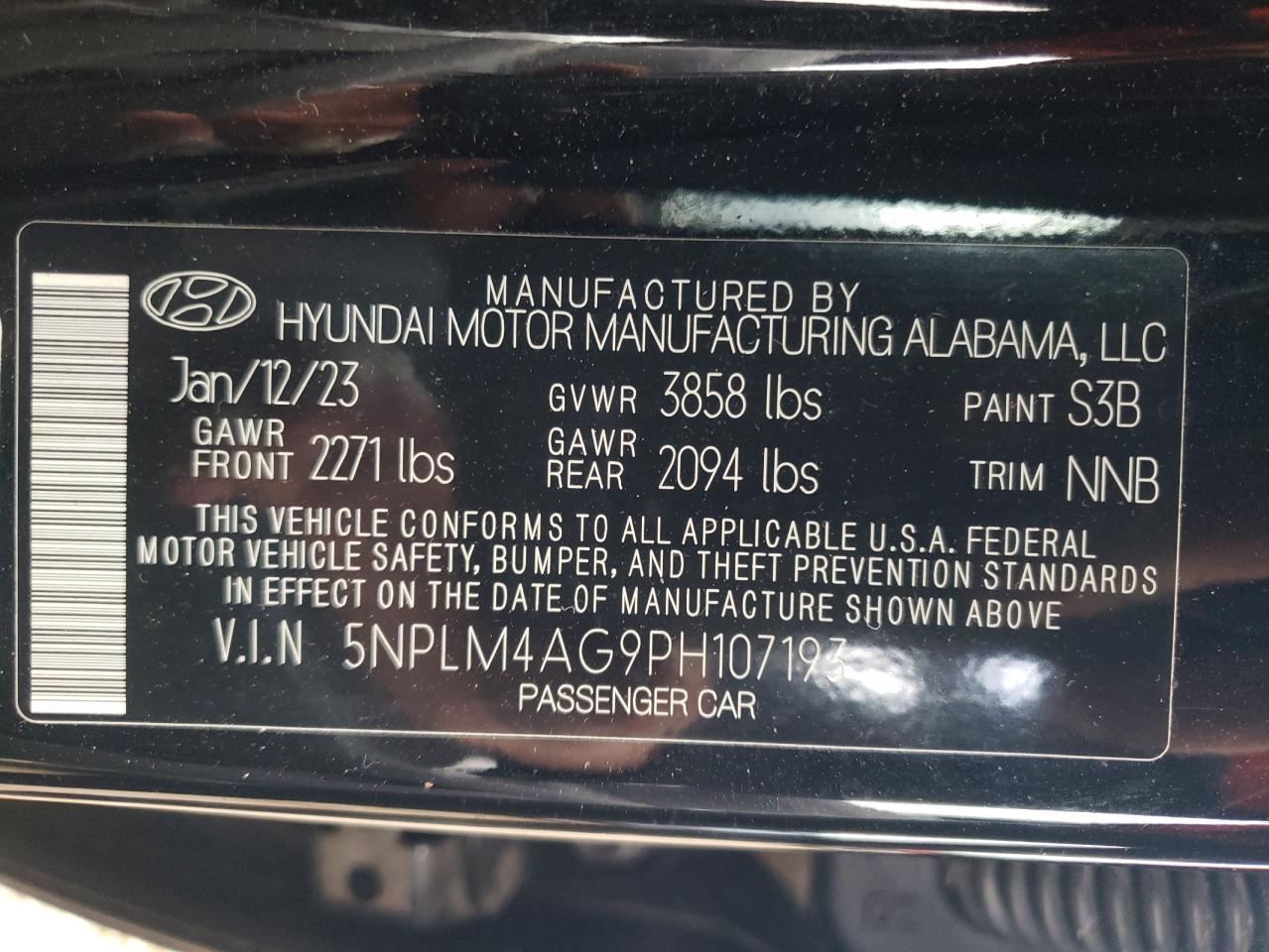 2023 HYUNDAI ELANTRA SEL VIN:5NPLM4AG9PH107193