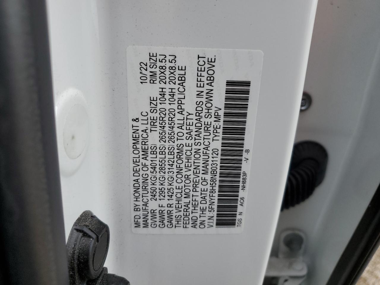 2022 HONDA PASSPORT EXL VIN:5FNYF8H58NB031120