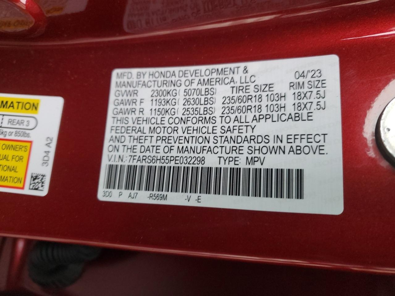 2023 HONDA CR-V SPORT VIN:7FARS6H55PE032298