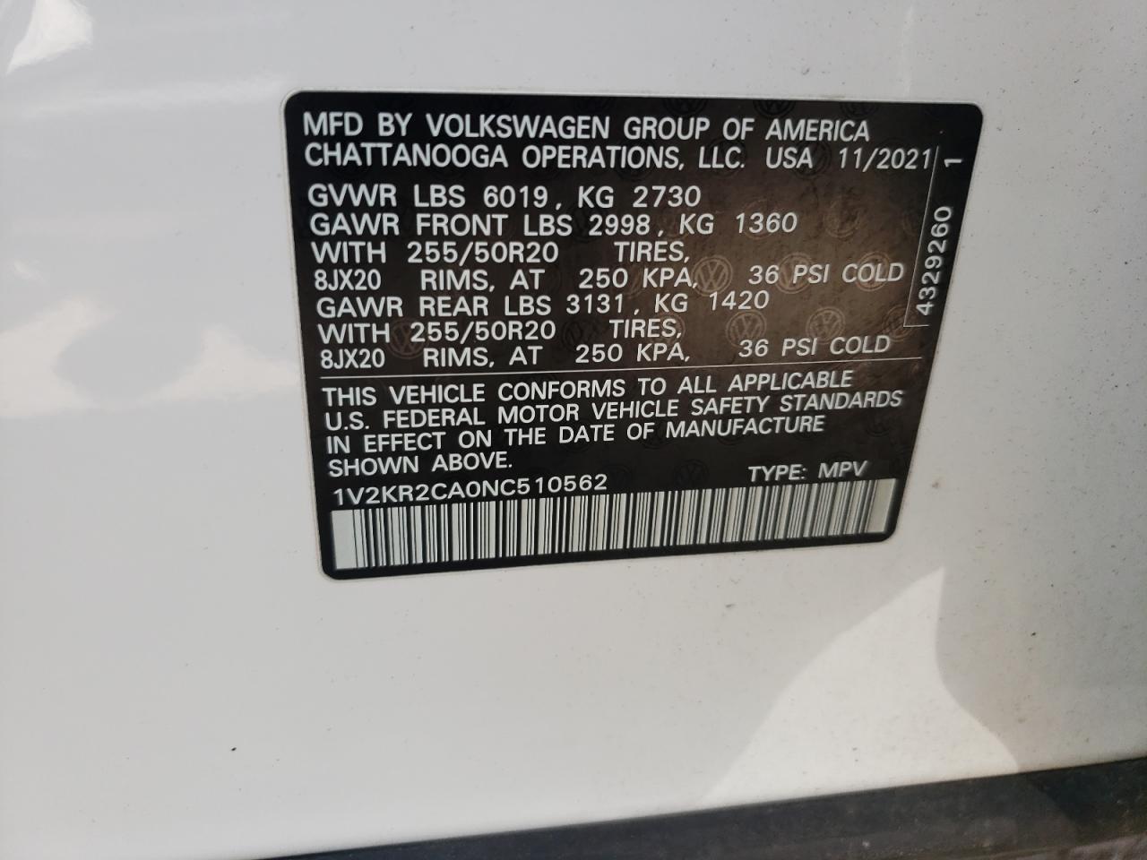 2022 VOLKSWAGEN ATLAS SE VIN:1V2KR2CA0NC510562