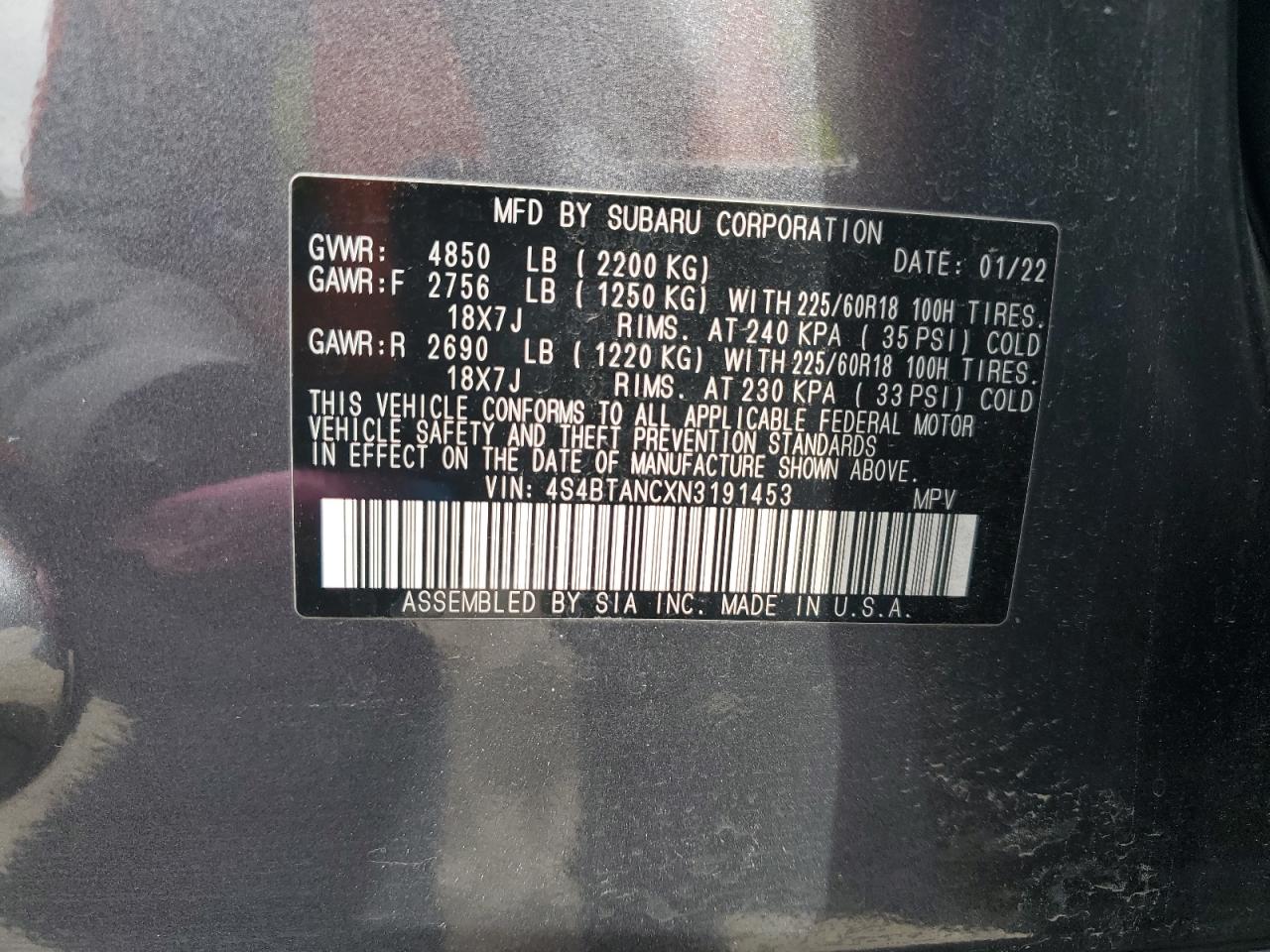 2022 SUBARU OUTBACK LIMITED VIN:4S4BTANCXN3191453