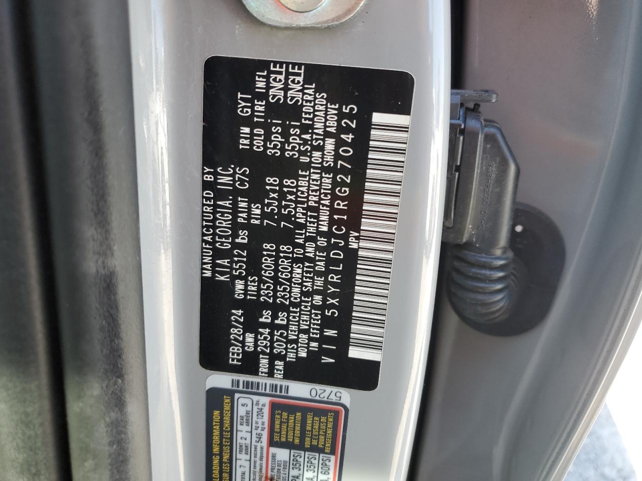 2024 KIA SORENTO S VIN:5XYRLDJC1RG270425