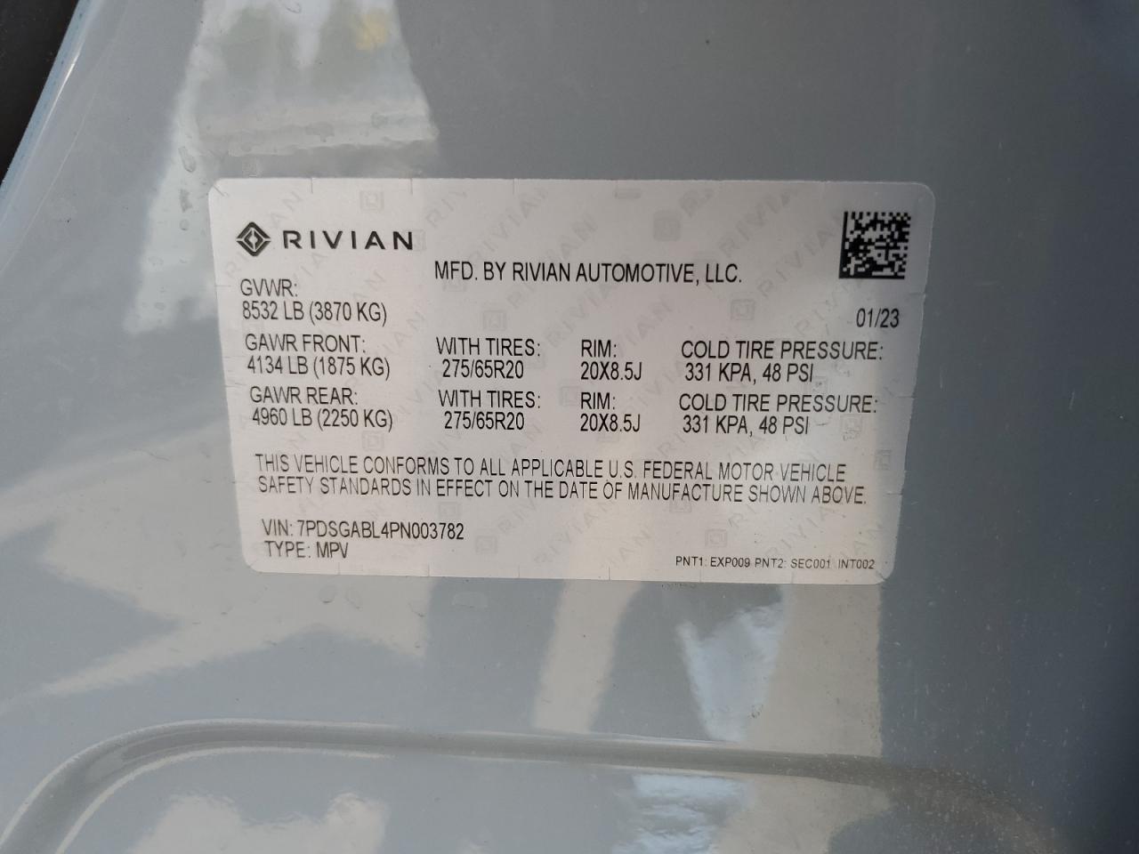 2023 RIVIAN R1S LAUNCH EDITION VIN:7PDSGABL4PN003782