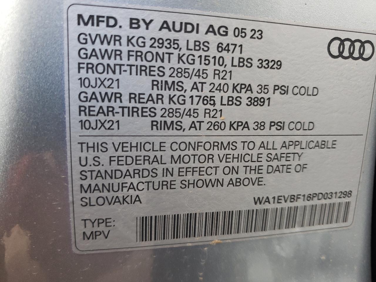 2023 AUDI Q8 PREMIUM PLUS S-LINE VIN:WA1EVBF16PD031298