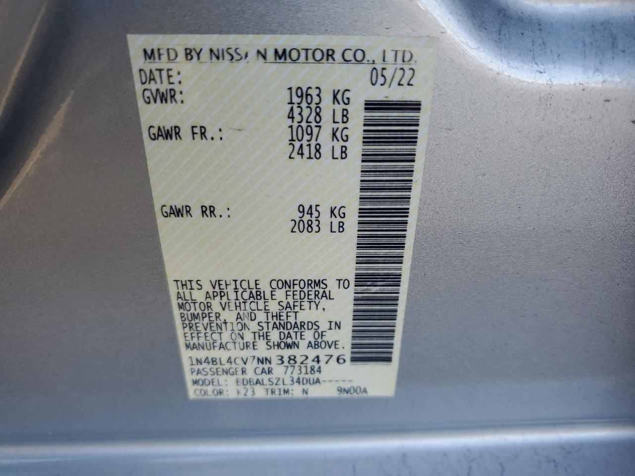 2022 NISSAN ALTIMA SR VIN:1N4BL4CV7NN382476