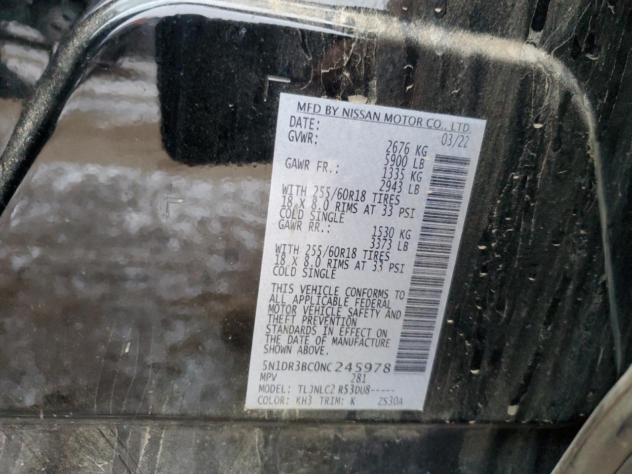 2022 NISSAN PATHFINDER SV VIN:5N1DR3BC0NC245978
