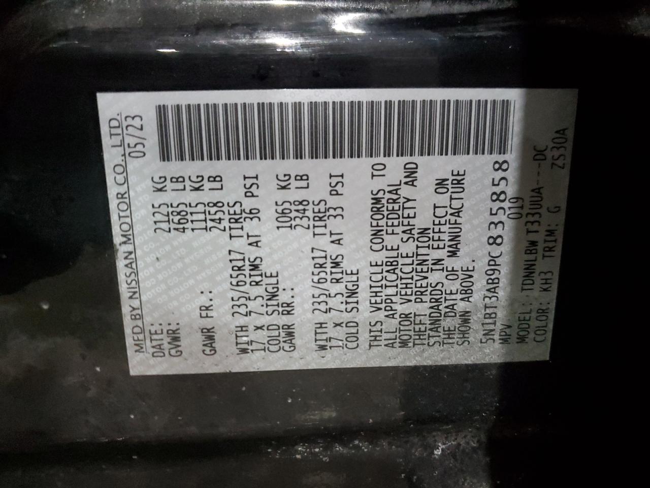 2023 NISSAN ROGUE S VIN:5N1BT3AB9PC835858
