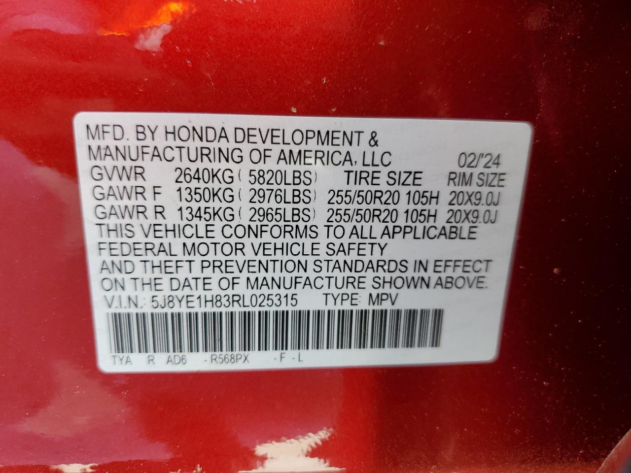 2024 ACURA MDX ADVANCE VIN:5J8YE1H83RL025315