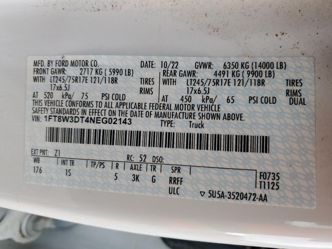 2022 FORD F350 SUPER DUTY VIN:1FT8W3DT4NEG02143