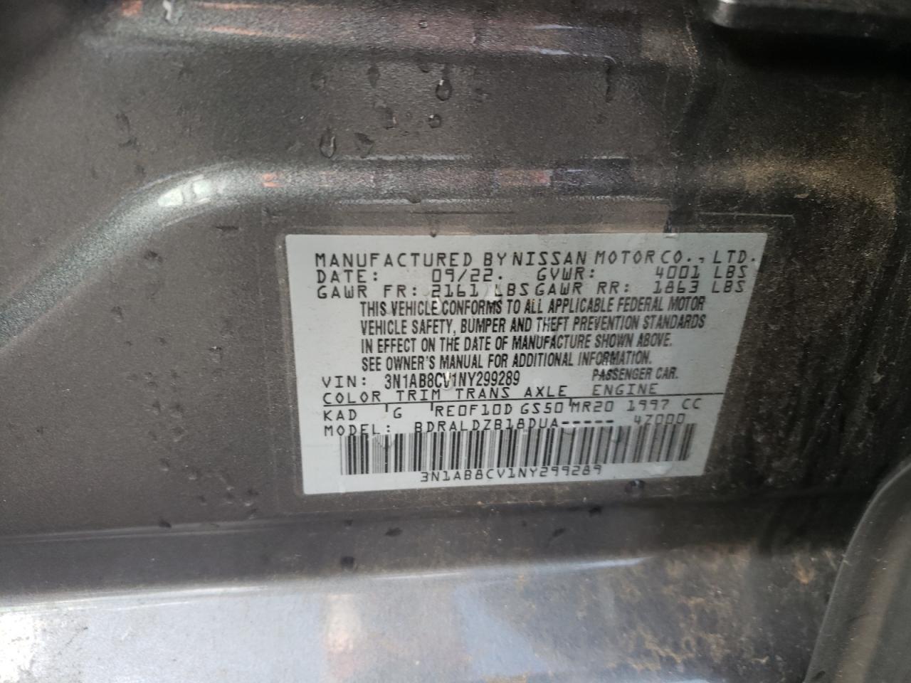 2022 NISSAN SENTRA SV VIN:3N1AB8CV1NY299289