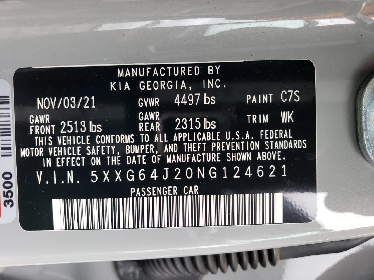 2022 KIA K5 GT LINE VIN:5XXG64J20NG124621