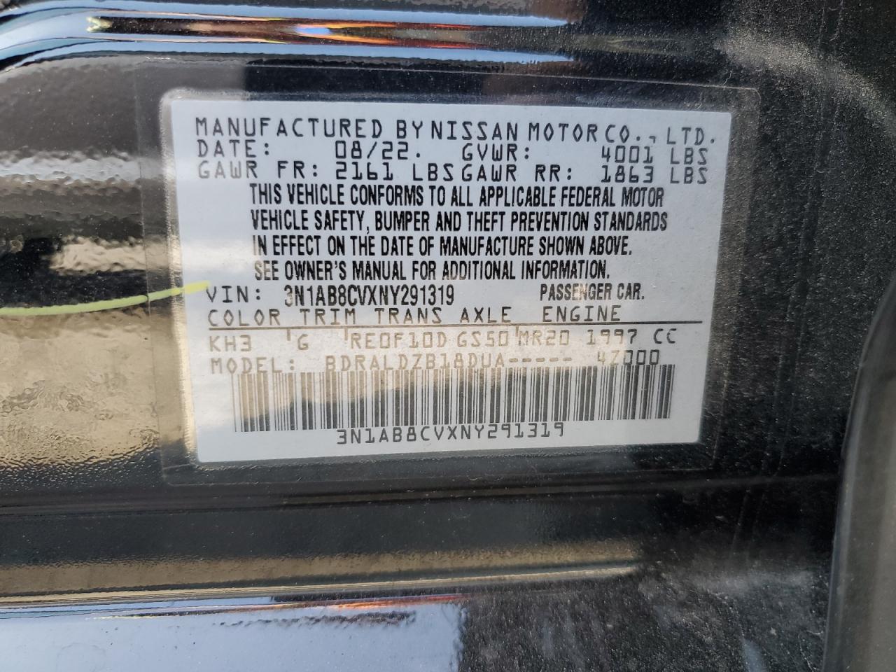 2022 NISSAN SENTRA SV VIN:3N1AB8CVXNY291319