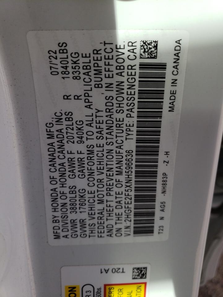 2022 HONDA CIVIC SPORT VIN:2HGFE2F5XNH596636